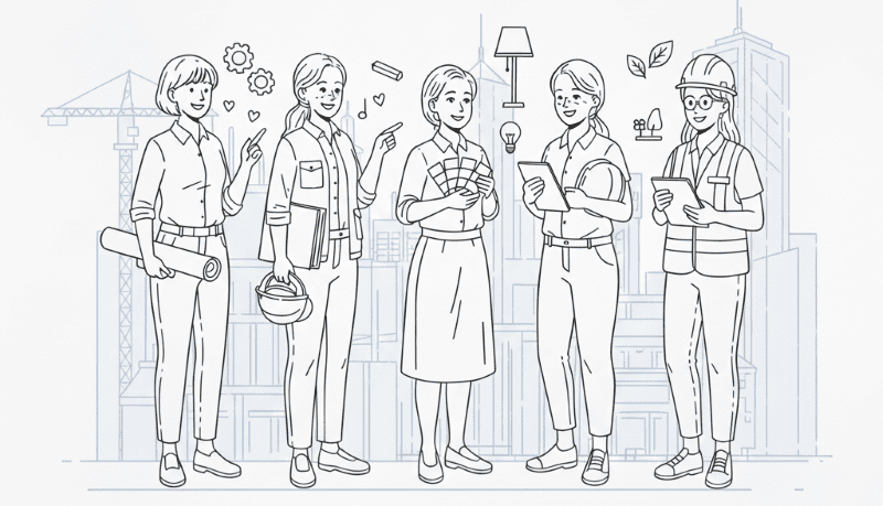 様々な職種の道具を持つ女性たち